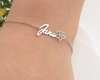 Gold Birth Flower Bracelet – Personalized Name and Birthstone Jewelry