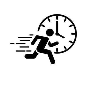 May include: Black and white illustration of a person running with a clock behind them, symbolizing the concept of time management.