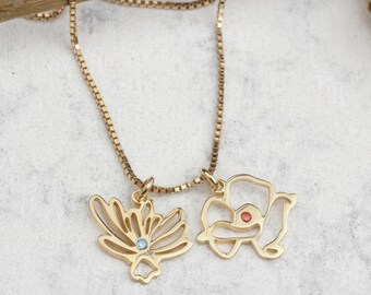 Gold Birth Flower Bouquet Necklace – Personalized Birthstone Pendant