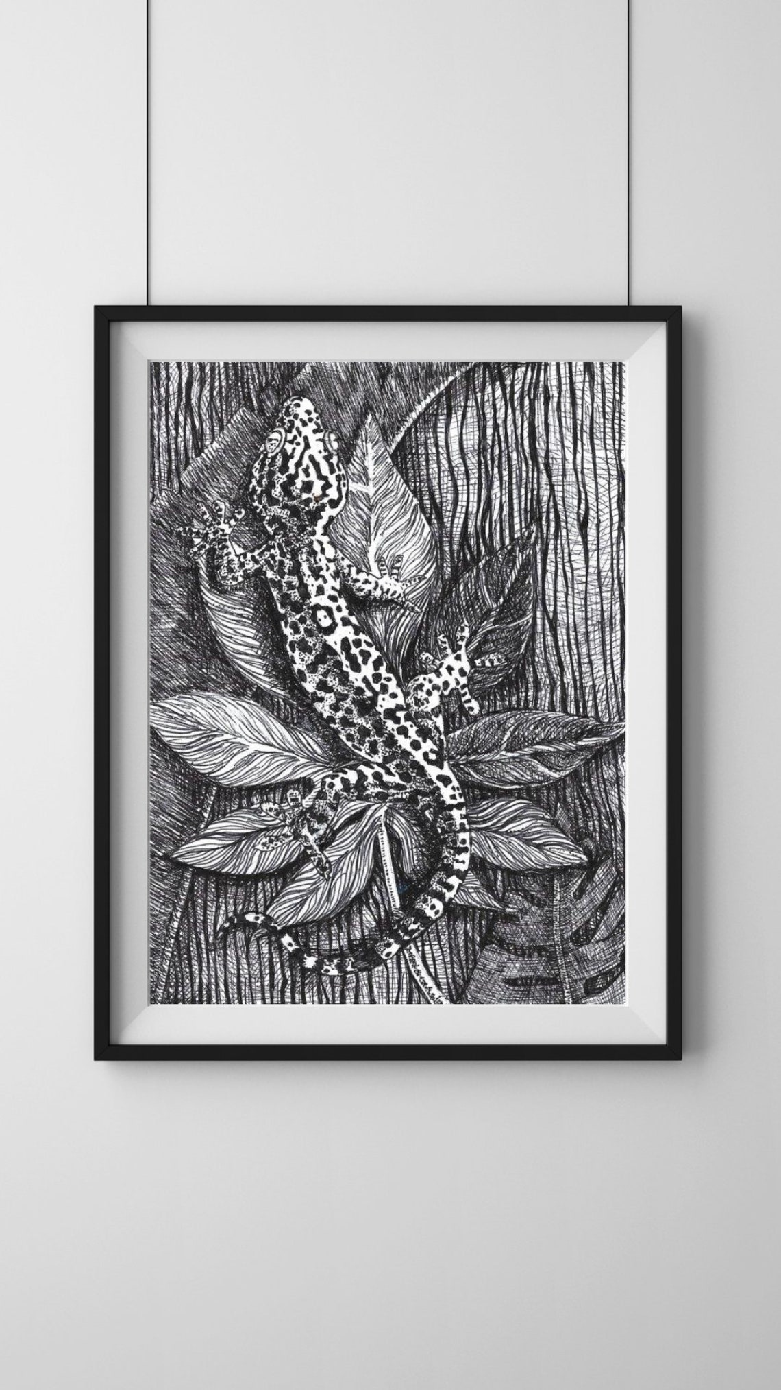 Elegant Original Hand-drawn Gecko in Pen and Ink - A3 Size (11.7 in X ...