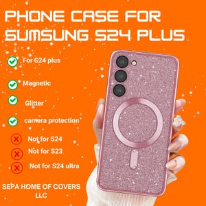 Puede incluir: Una funda de teléfono rosa con purpurina y un soporte de anillo integrado para un Samsung S24 Plus. La funda es compatible solo con el modelo S24 Plus y no es compatible con los modelos S24, S23 o S24 Ultra.