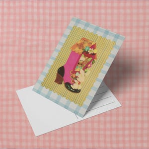 cartão postal kitsch de meados do século para o dia das mães - coelhinhos dos anos 1960 em uma bota - cartão de felicitações retrô com flores para a mãe ou avó - coelho descolado