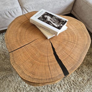 Peut inclure: Une table basse en bois avec une finition en bois naturel et un incrustation de résine noire. La table est en forme de souche d'arbre et a un aspect unique et organique. La table est surmontée de deux livres, dont l'un est intitulé "Władysław Szpilman - Le Pianiste".