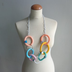 Colorful long necklace, long statement necklace, textile statement, link chain statement