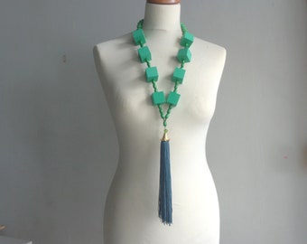 Green long necklace, tassel necklace, modern long statement necklace