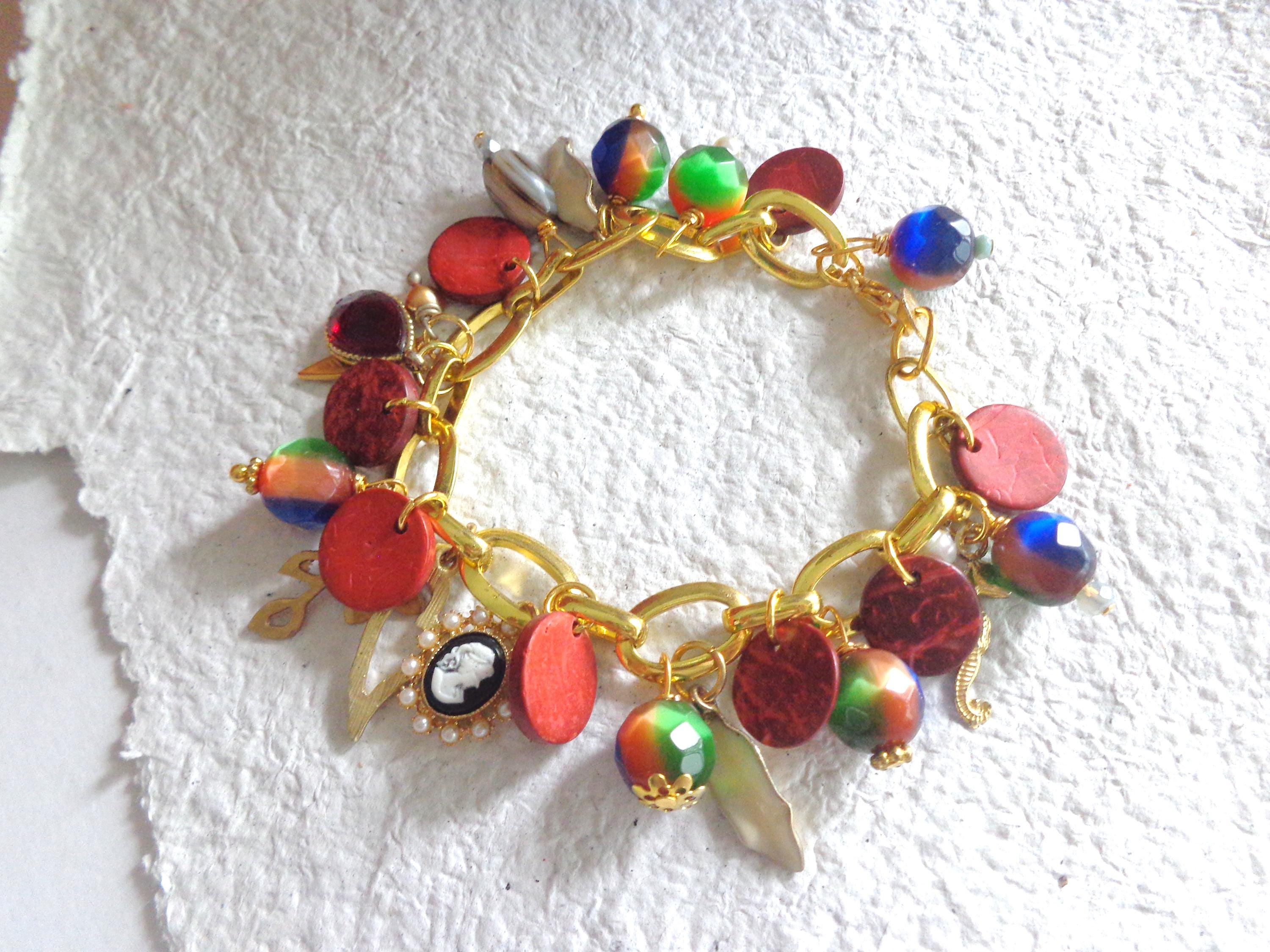 Gold chunky chain bracelet, colorful bracelet, fun cameo bracelet, gift for her, gold summer bracelet, beach jewelry