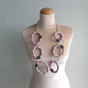Red black white Colorful long necklace, long statement necklace, textile statement, link chain statement