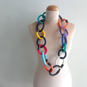 Colorful long necklace, long statement necklace, textile statement, link chain statement