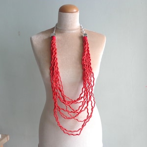 Long red necklace, Colorful long necklace, long statement necklace, textile statement, link chain statement