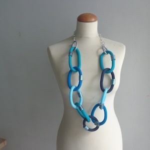Blue Colorful long necklace, long statement necklace, textile statement, link chain statement