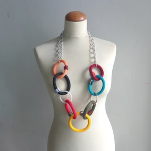 Colorful long necklace, long statement necklace, textile statement, link chain statement