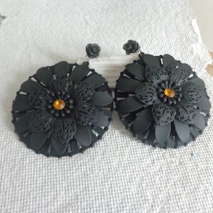 Black Floral dangle earrings, oversized black flower earrings, statement earrings, dangle earrings, filigree earrings
