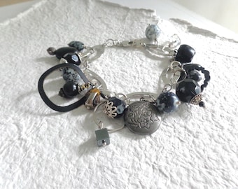 Chunky chain bracelet, Black bracelet, beaded fun locket bracelet, gift for her