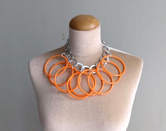 Orange Acrylic Ring Necklace, Chunky Statement Collar