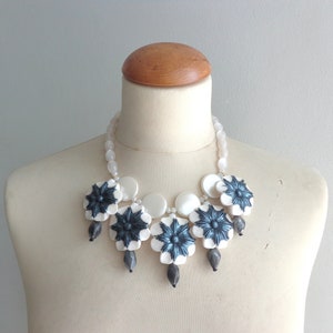Pearl necklace, Black white cream flower necklace, black white necklace, black collar necklace, statement necklace