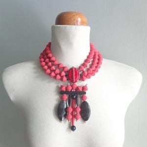 Red necklace, choker necklace, red black necklace, statement necklace long statement necklace, modern tribal necklace