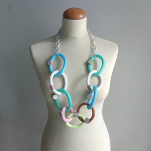 Colorful long necklace, long statement necklace, textile statement, link chain statement