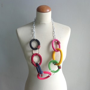 Colorful long necklace, long statement necklace, textile statement, link chain statement