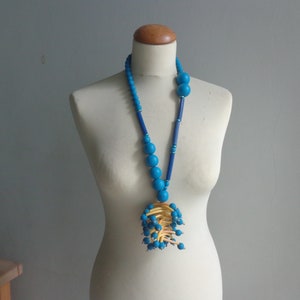 Blue long necklace, blue yellow chunky necklace, blue oversized necklace