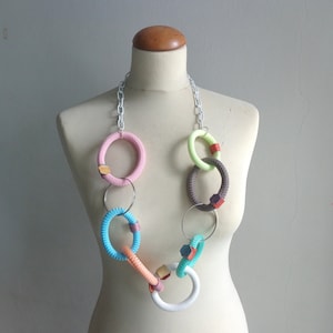 Colorful long necklace, long statement necklace, textile statement, link chain statement