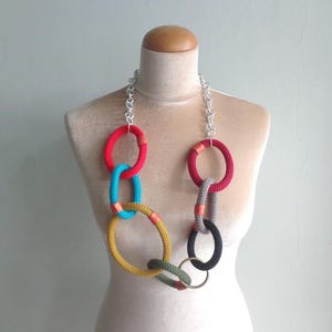 Colorful long necklace, long statement necklace, textile statement, link chain statement