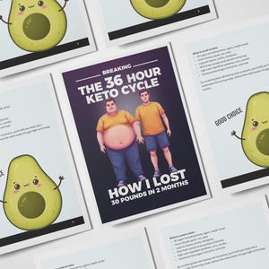 Puede incluir: Una guía para el ciclo cetogénico de 36 horas con una ilustración de aguacate de dibujos animados. La guía incluye información sobre qué comer y qué evitar, y cómo perder peso. El texto "Breaking the 36-hour keto cycle" y "How I lost 30 pounds in 2 months" aparece en la guía.