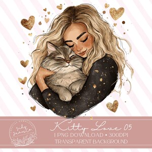 Hermoso y acogedor abrazo estético amoroso de un gato y una mujer por la pérdida de una mascota en el Día de San Valentín Descarga digital PNG de alta calidad Ilustración de amante de los gatos