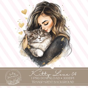Acogedora mujer de acuarela y su gato cariñoso abrazándose Descarga digital PNG de alta calidad Pérdida de mascota Día de San Valentín Amante de las mascotas Abrazo de gato Arte instantáneo
