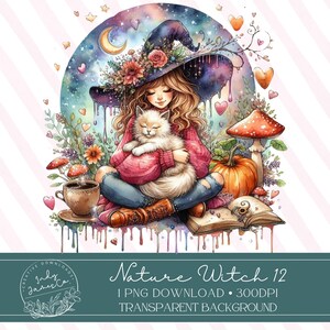 Sorcière de la nature avec chat beaux champignons aquarelle colorés lune fleurs et coeurs haute qualité PNG en téléchargement numérique art graphique instantané