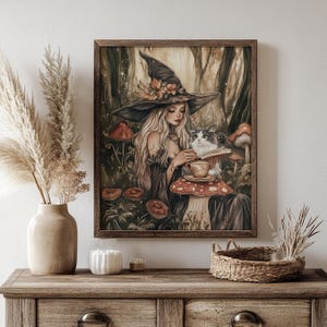May include: A watercolor painting of a witch with a black hat and a white cat sitting on a mushroom in a forest setting. The witch is holding a book and a teacup. The painting has a whimsical and magical feel.