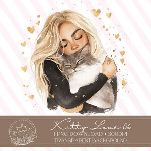 Femme esthétique confortable câlins son chat bien-aimé aquarelle haute qualité PNG en téléchargement numérique Perte d'animal de compagnie Illustration de la Saint-Valentin Amoureux des chats