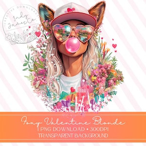May include: A digital illustration of a blonde woman with fox ears wearing a pink baseball cap, heart-shaped sunglasses, and blowing a pink bubble. She is surrounded by pink flowers and has a white shirt on.