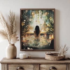 beautiful watercolor woman in bath high quality digital download jpeg wall decor spa meditation tranquil relaxing botanical art calm home