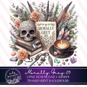 Puede incluir: Una ilustración digital de una calavera, un libro con el título "Morally Grey", una taza de café, cristales y flores. El fondo es un patrón de rayas rosas y blancas.