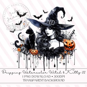 Dripping Watercolor Witch and Kitty High Resolution PNG Digital Download Halloween Witchy and Kitty Download Clipart Crafting PNG Halloween