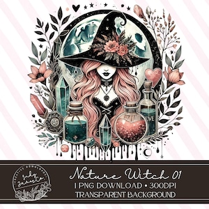 May include: A digital illustration of a witch with pink hair wearing a black hat with a floral design. She is surrounded by crystals, potions, and a globe. The text "Nature Witch 01" is at the bottom of the image.
