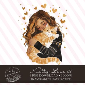 Hermosa gatita amorosa mujer abrazando a su gato acogedora acuarela estética alta calidad PNG descarga digital amante de los animales arte de pared felino