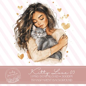 Hermoso amante de los gatos caprichoso Acuarela Día de San Valentín o pérdida de mascotas Descarga digital PNG de alta calidad Decoración del hogar Acogedor abrazo de gatito instantáneo