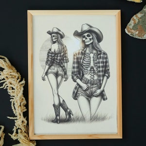 Unique Cowgirl Skeleton Sketch Black White Print, Western Gothic Flair Home Decor, Beautiful Skeleton Cowgirl, Country Girl, Retro Cowboy