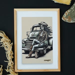 Skeleton Cowgirl Art Print, Cowgirl Sitting On Vintage Pick Up Truck, Western Home Decor, Gothic Flair, Country Girls, Glicee