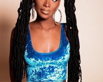 Fluwelen Muheeka-tanktop, turquoise cropped fluwelen crop tanktop, boho-festivalkleding