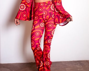 Pantalones acampanados de cintura alta Muheeka con flores retro: rojo, azul o naranja, pantalones acampanados con estilo años 70, ropa bohemia para festivales, pantalones rave