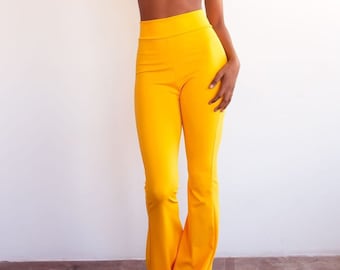 Muheeka Highwaist Bell Bottoms in Yellow, Retro Flare Pants 70s Look, Bohemian Festival Clothing
