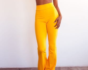 Pantalones acampanados de cintura alta Muheeka en amarillo, estilo retro de los años 70, ropa bohemia para festivales.