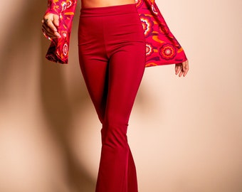 Muheeka Highwaist Bell Bottoms in Burgundy, Retro Flare Pants 70s Look, Bohemian Festival Clothing