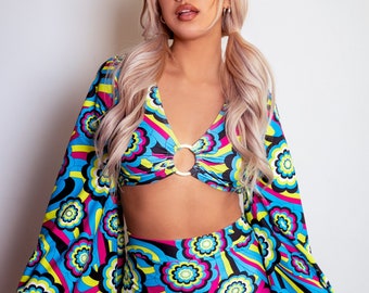 Muheeka Retro Disco Top with Flare Sleeves in Blue Flowers, Retro 70s Look, Festival Clothing