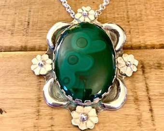 Handmade Silver and Malachite Pendant, Green Malachite Stone, Flower Design, Made by Bob Summers Silversmith, Sterling Silver Jewelry