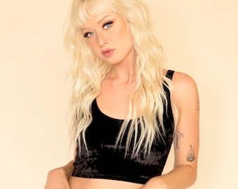 Muheeka VELVET TANK TOP, Black Crushed Velvet Crop Tank Top, Bohemian Festival Clothing