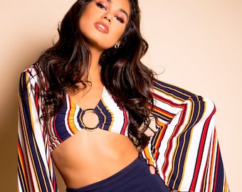 Muheeka Retro Style Flare Sleeve Crop Top with Stripes, Disco Bell Sleeve, Bohemian Festival Clothing
