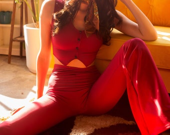 Muheeka 70s PANT and VEST SET, Burgundy Highwaist Bell Bottoms and Retro Vest Top, Flare Pants, Retro 70s Look